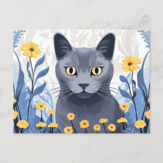 Postal Festiva Flores amarillas de gato azul ruso