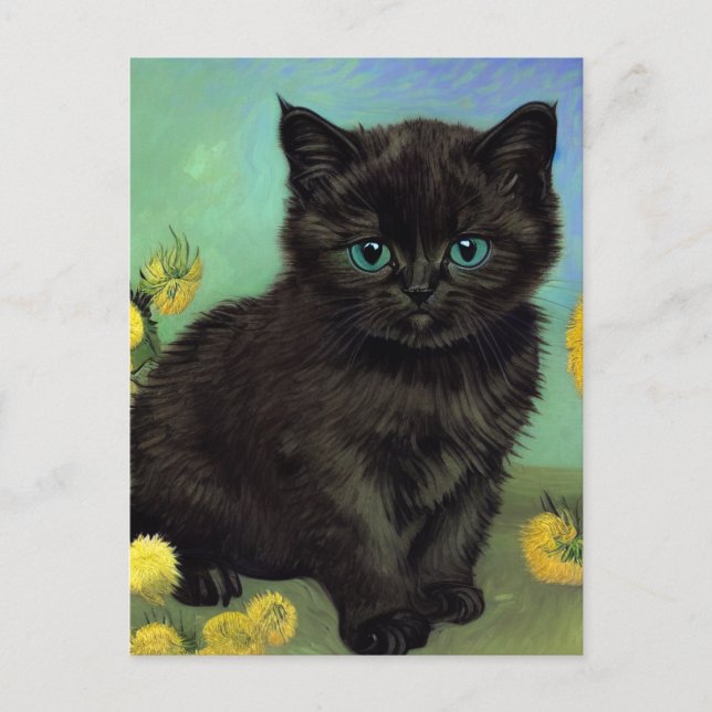 Postal Festiva Flores amarillas de gato negro Van Gogh (Anverso)