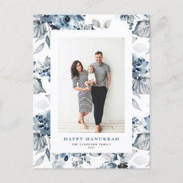 Postal Festiva Flores azul acuarela Happy Hanukkah Photo