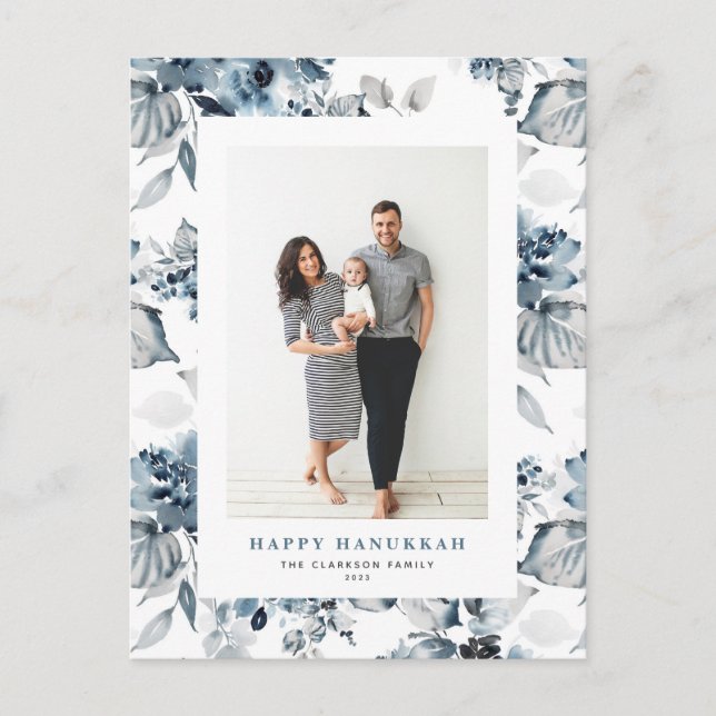 Postal Festiva Flores azul acuarela Happy Hanukkah Photo (Anverso)