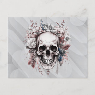 Postal Festiva Flores blancas de cráneo verde gris Halloween