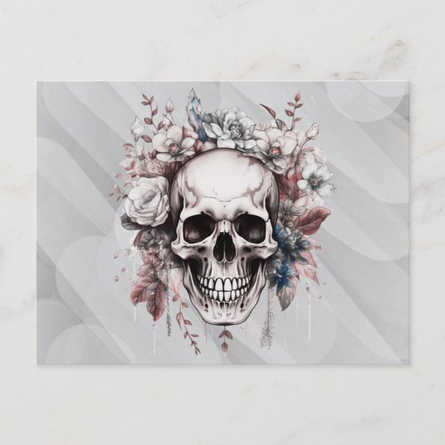 Postal Festiva Flores blancas de cráneo verde gris Halloween (Anverso)