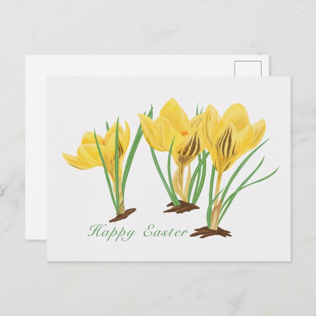 Postal Festiva Flores de croco amarillo vibrante Feliz Pascua (Anverso / Reverso)