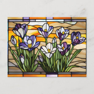 Postal Festiva Flores de crocus moradas en vidrio emplomado