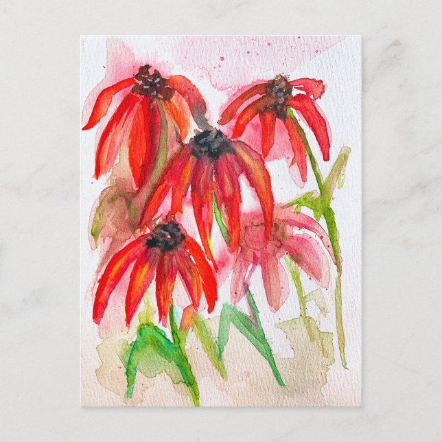 Postal Festiva Flores de Echinacea Rojas en Acuarela (Anverso)