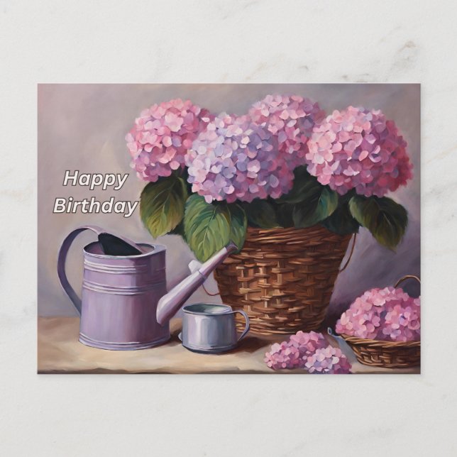 Postal Festiva Flores de hidrangea rosada feliz cumpleaños en una (Anverso)