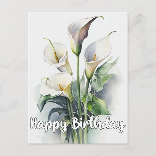 Postal Festiva Flores de Lirio de Calla Bonito Feliz Cumpleaños (Anverso)