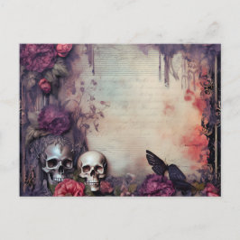 Postal Festiva Flores de mariposa negra de cráneo gótico Hallowee