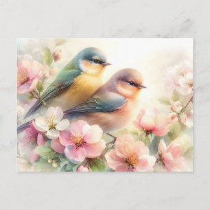 Postal Festiva Flores de pájaros de amor pastel de primavera