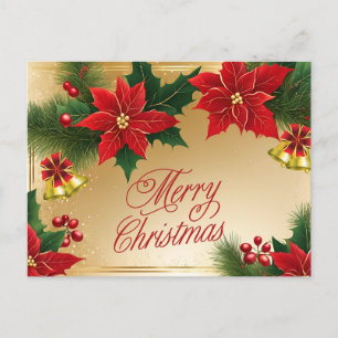 Postal Festiva Flores de poinsettia roja navideña, campanas