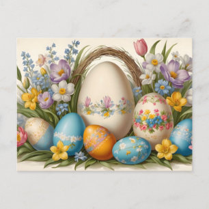 Postal Festiva Flores de primavera vintage de Pascua y huevos pin