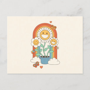Postal Festiva Flores de sol hippie y arco iris