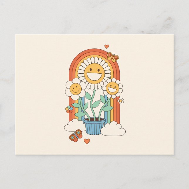 Postal Festiva Flores de sol hippie y arco iris (Anverso)