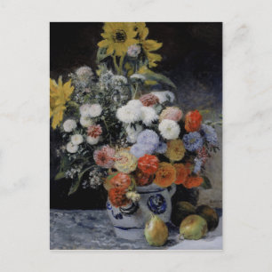 Postal Festiva Flores mixtas de renoir de época en una olla de te