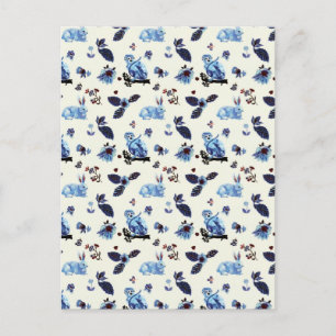 Postal Festiva Flores Rabbit Monkey Blue White Vintage