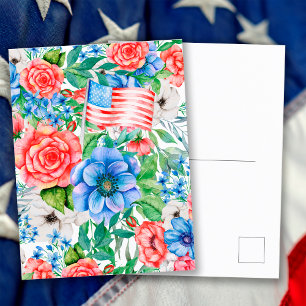 Postal Festiva Flores Rojas Blancas Y Azules 4 De Julio Patriótic