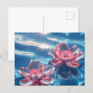 Postal Festiva Flores rosa de Lotus flotando en agua azul cristal