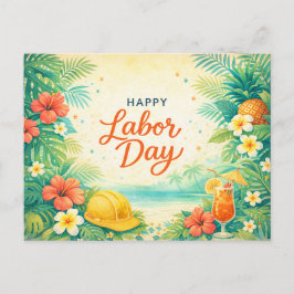 Postal Festiva Flores Tropicales de Playa Feliz Día del Trabajo