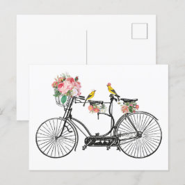 Postal Festiva Flores y pájaros de bicis románticas
