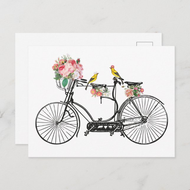 Postal Festiva Flores y pájaros de bicis románticas (Anverso / Reverso)