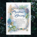 Postal Festiva Foliage Blue Winter Frame Bible contra Christian<br><div class="desc">Postal cristiana de vacaciones con un elegante marco de invierno en tonos azules, verdes y dorados. "Bendiciones de Navidades" y versículos de las escrituras del libro de Mateo en la Santa Biblia del Rey James: los Navidades que bendicen en la espalda pueden ser personalizados o dejados en blanco para un...</div>