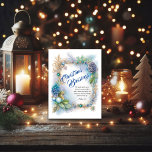 Postal Festiva Foliage Blue Winter Frame Bible contra Christian<br><div class="desc">Postal cristiana de vacaciones con un elegante marco de invierno en tonos azules, verdes y dorados. "Bendiciones de Navidades" y versículos de las escrituras del libro de Mateo en la Santa Biblia del Rey James: los Navidades que bendicen en la espalda pueden ser personalizados o dejados en blanco para un...</div>