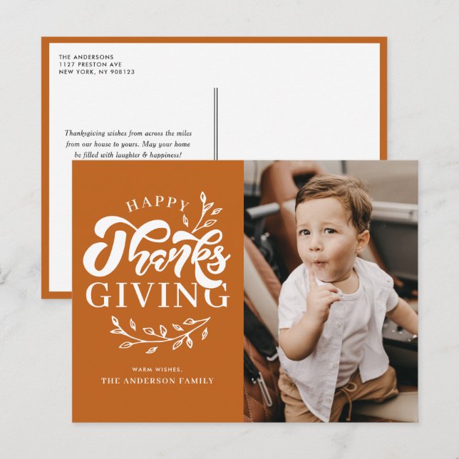 Postal Festiva Foliage naranja Wreath Photo Happy Acción de Graci (Anverso / Reverso)