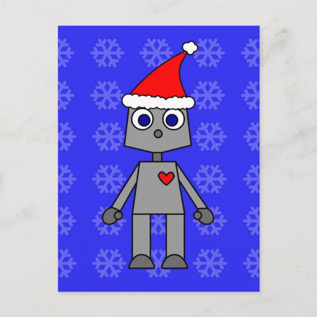Postal Festiva Fondo azul del copo de nieve de Santa del robot (Anverso)