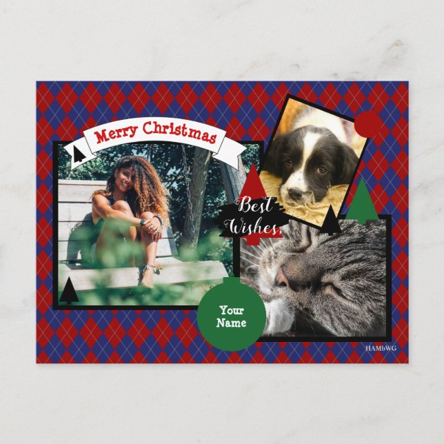 Postal Festiva Fondo HAMbyWG Blue Argyle en cualquier color (Anverso)