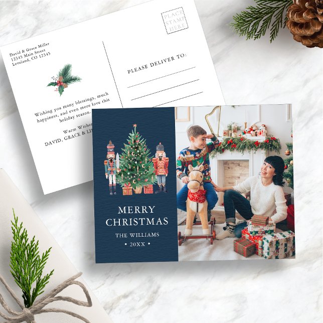 Postal Festiva Foto azul de la Marina (Navy Blue Nutcracker Christmas Photo Holiday Postcard
)