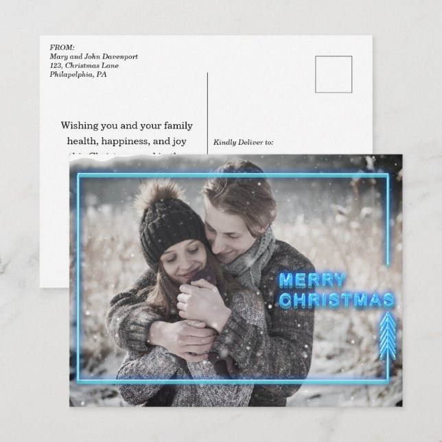 Postal Festiva Foto azul de Navidades neonatos (Anverso / Reverso)