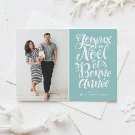 Postal Festiva Foto con guión de Light Blue Joyeux Noël et Bonne