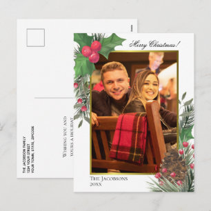 Postal Festiva Foto de bayas de acebo en acuarela, piña y verdes