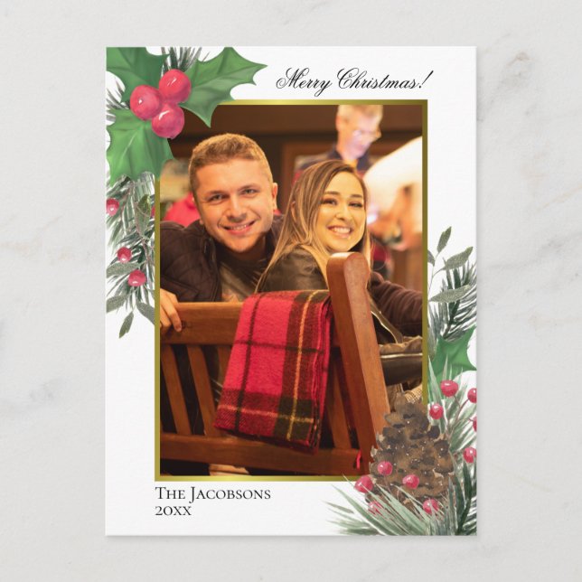 Postal Festiva Foto de bayas de acebo en acuarela, piña y verdes (Anverso)