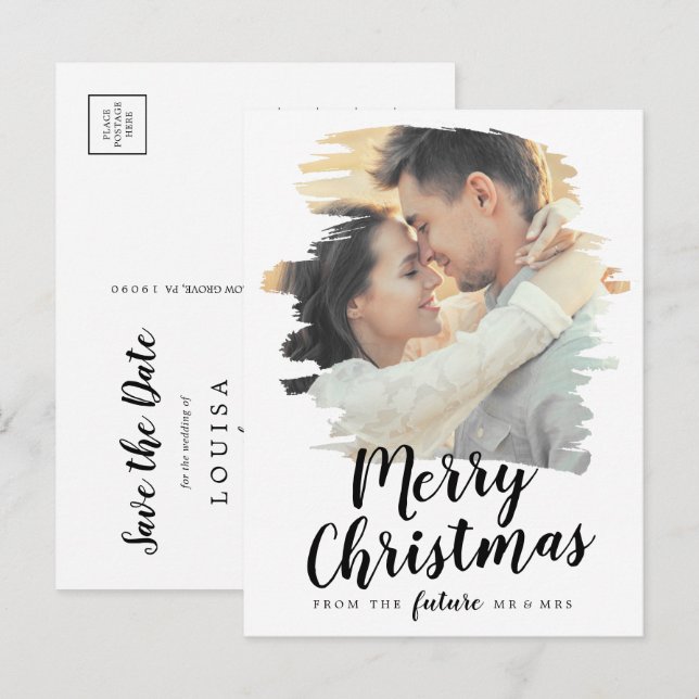 Postal Festiva Foto de Brushed Merry Christmas Save the Date (Anverso / Reverso)