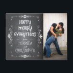 Postal Festiva Foto de Chalkboard Happy Merry Everything Postcard<br><div class="desc">Los garabatos y garabatos de colores vivos decoran esta divertida y caprichosa tarjeta postal con tiza que incluye una divertida foto de la pareja feliz.</div>