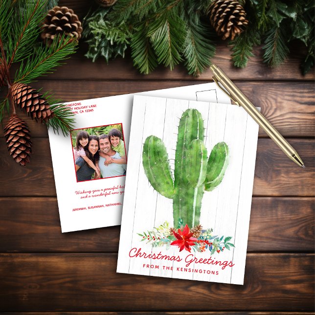 Postal Festiva Foto de feriado de Navidades de Cactus en el desie (Rustic Desert Cactus Christmas Holiday Photo Postcard)