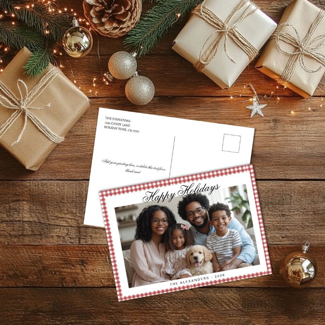 Postal Festiva Foto de festividad de Gingham roja (Vintage Red Gingham Holiday Photo Post Card)