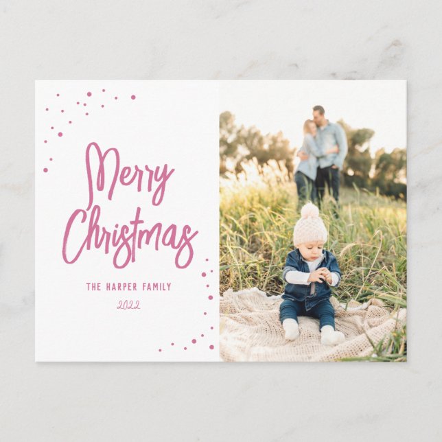 Postal Festiva Foto de guión de nieve rosa caliente (Anverso)