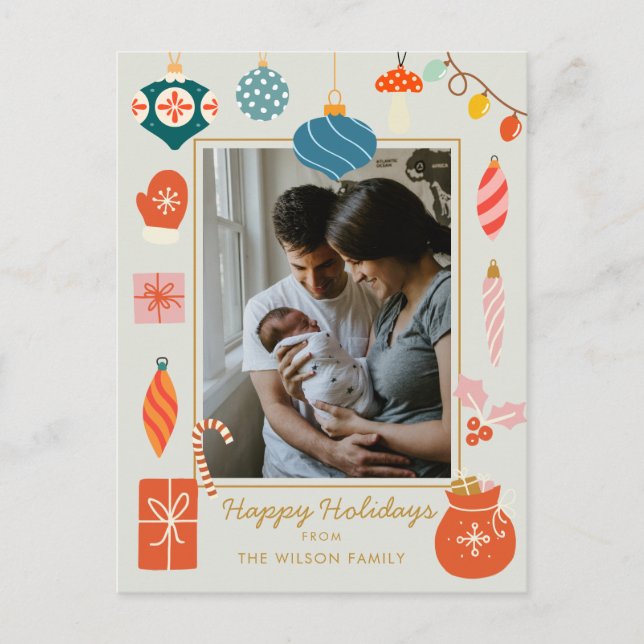 Postal Festiva Foto de la familia Cute de Ornament de Verdor navi (Anverso)