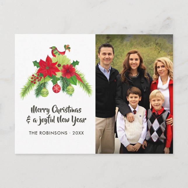 Postal Festiva Foto de la familia de Navidades florales en acuare (Anverso)