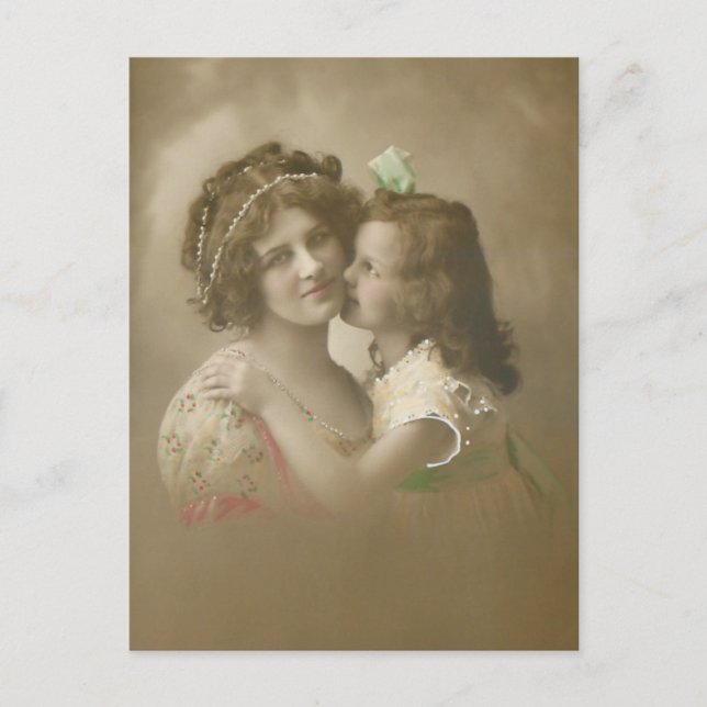 Postal Festiva Foto de madre e hija de sepia de época (Anverso)