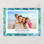 POSTAL FESTIVA FOTO DE MELE KALIKIMAKA HAWAIAN TROPICAL BEACH<br><div class="desc">Relieve metalizado Faux azul y verde turquesa incandescente MELE KALIKIMAKA - Feliz Navidad Tarjeta de Festividad para Navidades de la Familia Tropical de hojas de palmera en Hawái. La foto y el nombre de la familia se pueden reemplazar en esta sencilla tarjeta de fotos de la familia de Navidades de...</div>