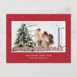 Postal Festiva Foto de Navidades de Nieve Verde Rojo