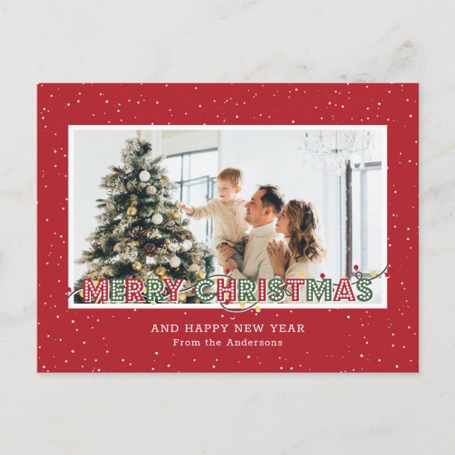 Postal Festiva Foto de Navidades de Nieve Verde Rojo (Anverso)
