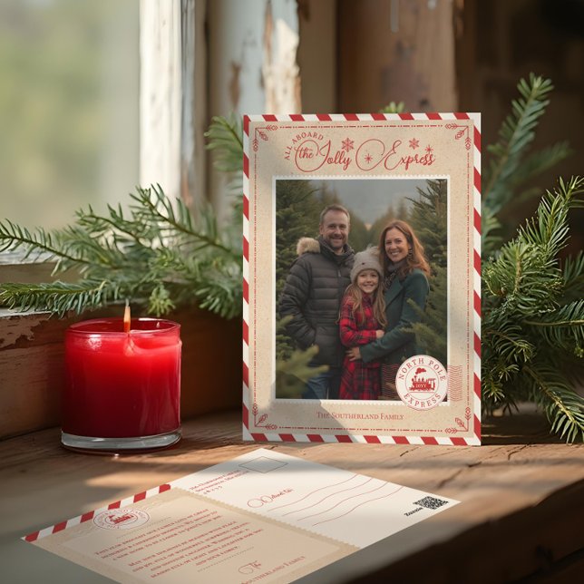 Postal Festiva Foto de Navidades del Ticket North Pole Express (North Pole Express Train Ticket Christmas Photo Holiday Postcard)