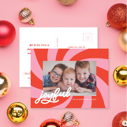Postal Festiva Foto de Navidades rojos rosados Mod Wavy Retro