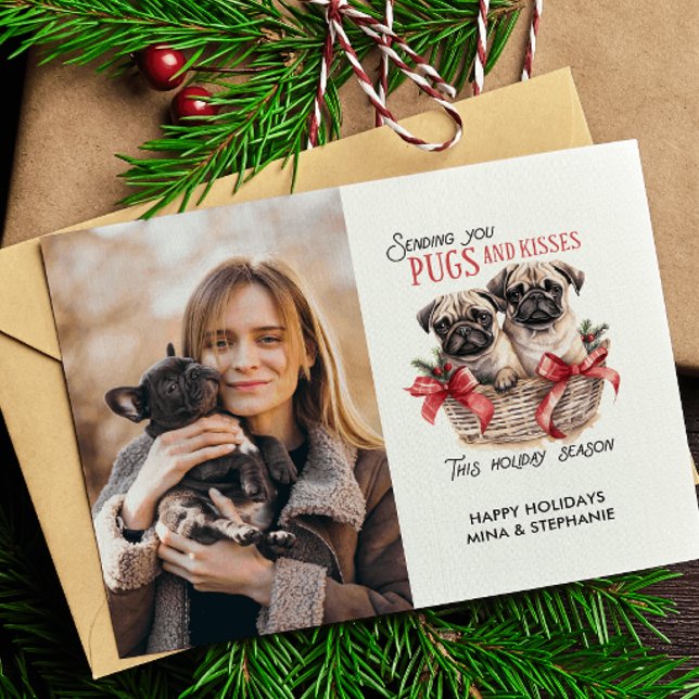 POSTAL FESTIVA FOTO DE NAVIDADES TEMÁTICOS DE BURLAS Y BESOS DE P (🎄🐾 "Pugs and Kisses, Wishing You a Pawsome Christmas!" 🐾🎄)