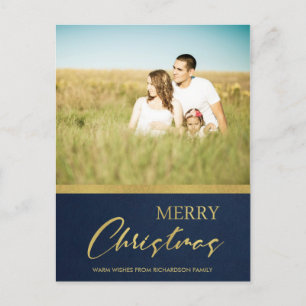 POSTAL FESTIVA FOTO DE NAVY FAUX GOLD CALLIGRAPHY MERRY CHRISTMAS