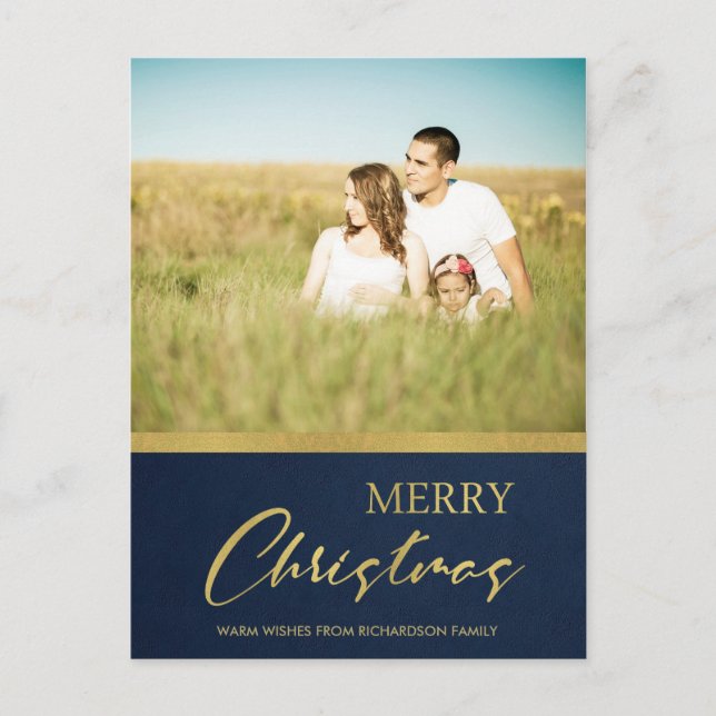 POSTAL FESTIVA FOTO DE NAVY FAUX GOLD CALLIGRAPHY MERRY CHRISTMAS (Anverso)